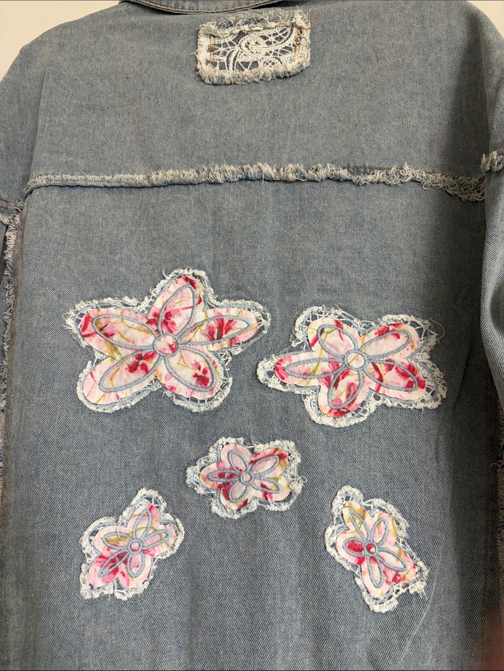 POL Light Blue Denim Jacket with White Lace & Pink Floral Patches - Picture 3 of 3
